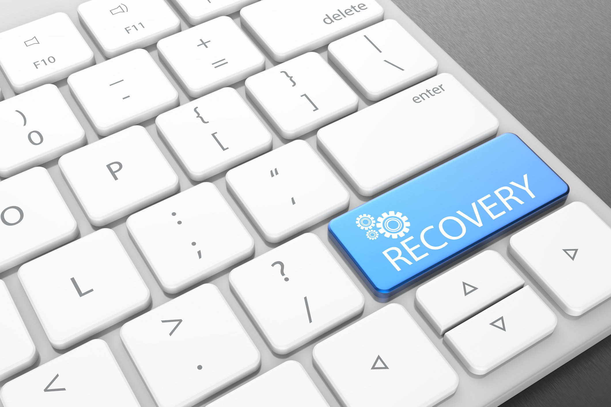 Modern computer keyboard with blue recovery button. 3D illustrating.